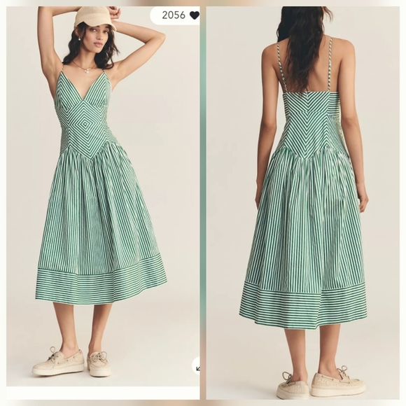 Farm Rio Stripe Cotton Sleeveless V-Neck Drop-Waist Midi Dress